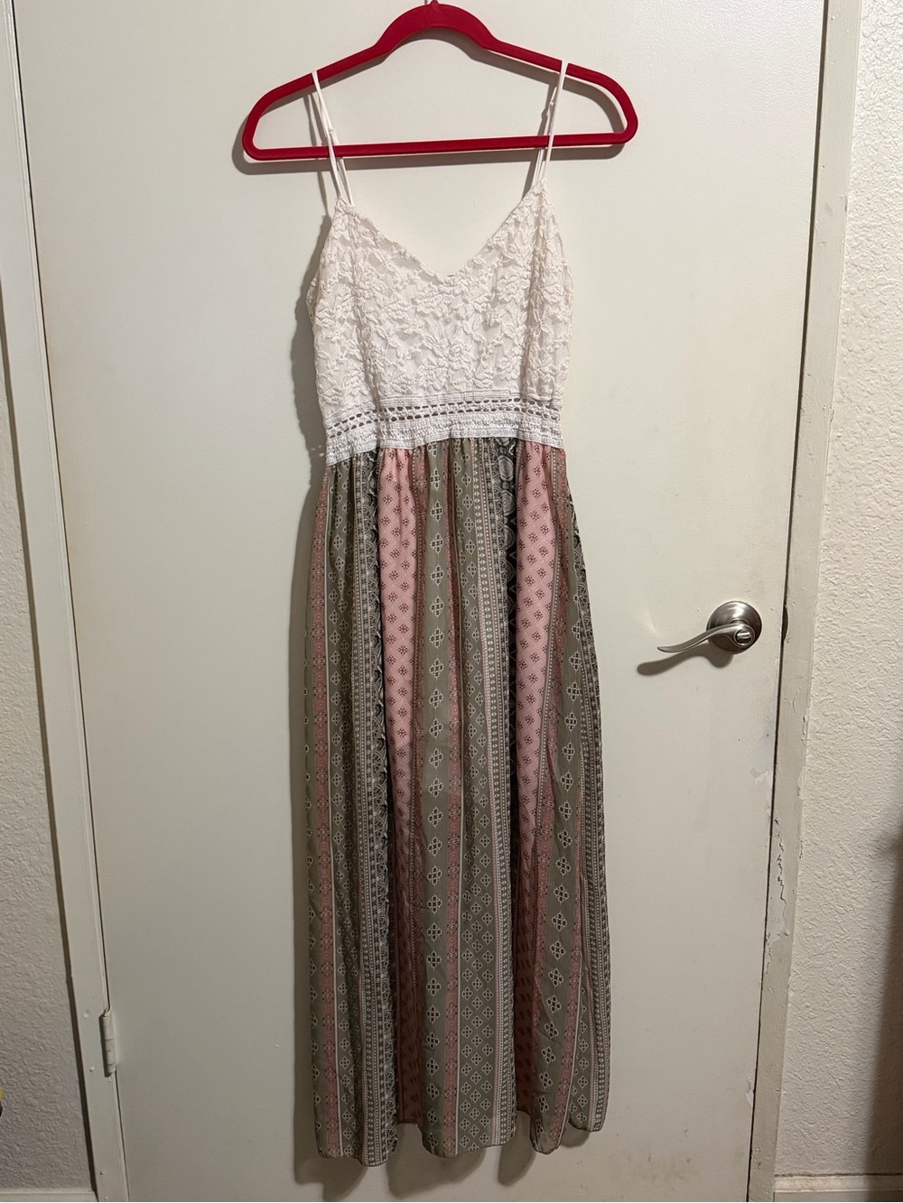 J for Justify White Lace Top Pink and Olive Striped Maxi Dress